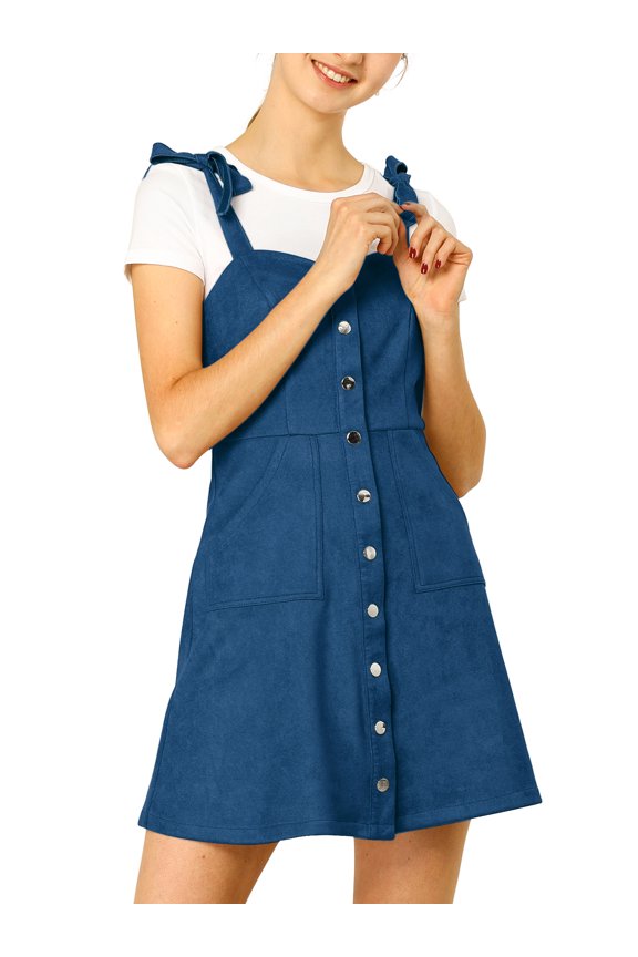 Women's Faux Suede A Line Short Button up Overall Dresses XS Royal Blue