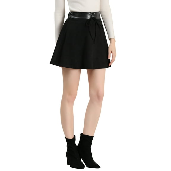 INSPIRE CHIC Women's Faux Suede A-Line Skirt Faux Leather Belt with Tie Mini Skirts