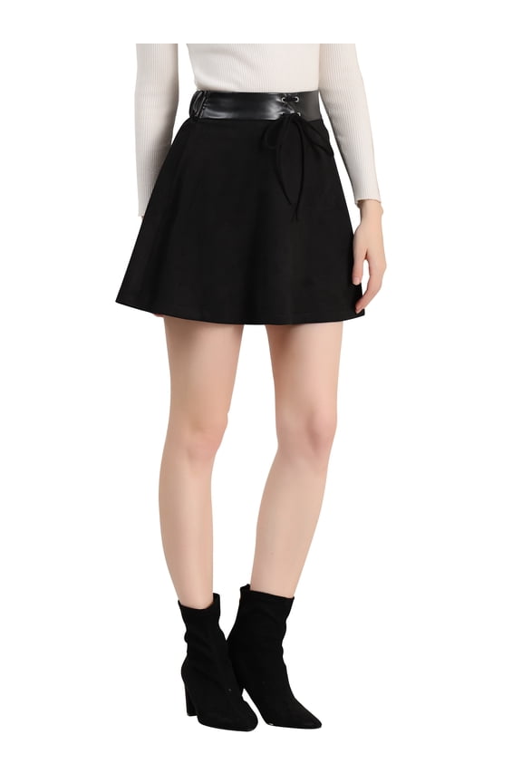 Women's Faux Suede A-Line Skirt Faux Leather Belt with Tie Mini Skirts