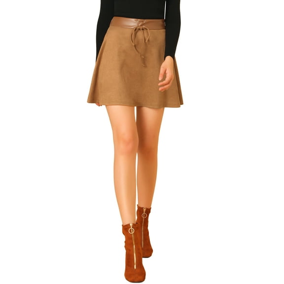 INSPIRE CHIC Women's Faux Suede A-Line Skirt Faux Leather Belt with Tie Mini Skirts