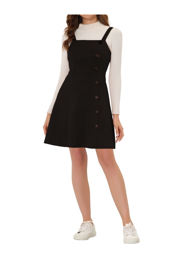 Women's Faux Suede Button Decor A-Line Mini Overall Dress L Black