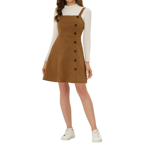 INSPIRE CHIC Women's Faux Suede Button Decor A-Line Mini Overall Dress M Brown