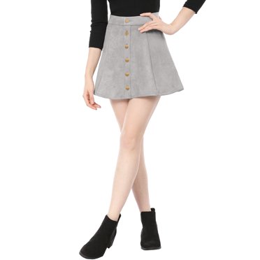 INSPIRE CHIC Women's Faux Suede Button Front A-Line High Waisted Mini Short Skirt L Gray