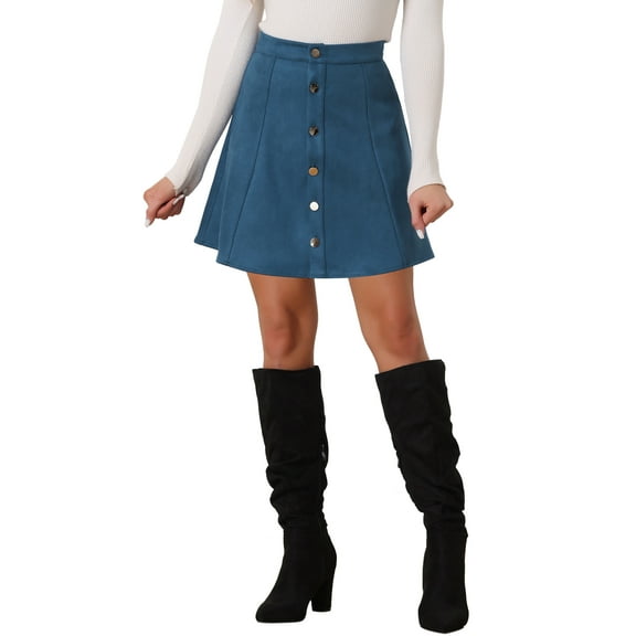 INSPIRE CHIC Women's Faux Suede Button Front A-Line High Waisted Mini Short Skirt L Peacock Blue