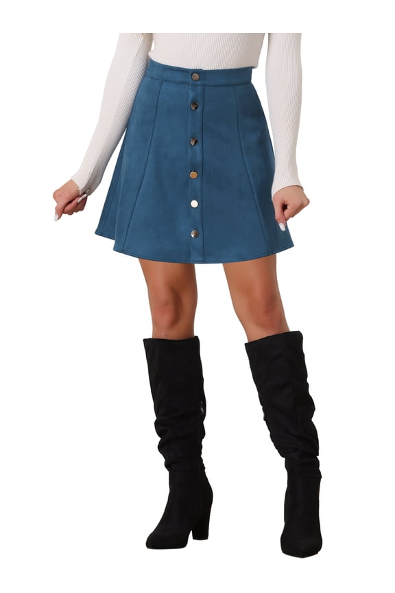 Women's Faux Suede Button Front A-Line High Waisted Mini Short Skirt S Peacock Blue
