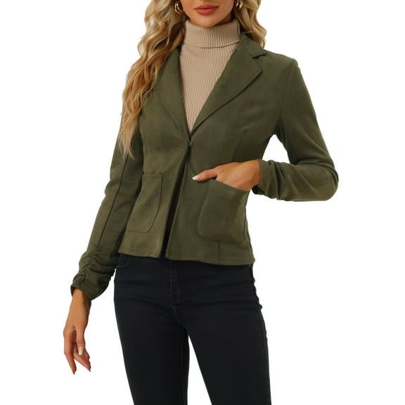 INSPIRE CHIC Women's Faux Suede Button up Casual Open Front Drawstring Long Sleeve Blazer L Olive Green
