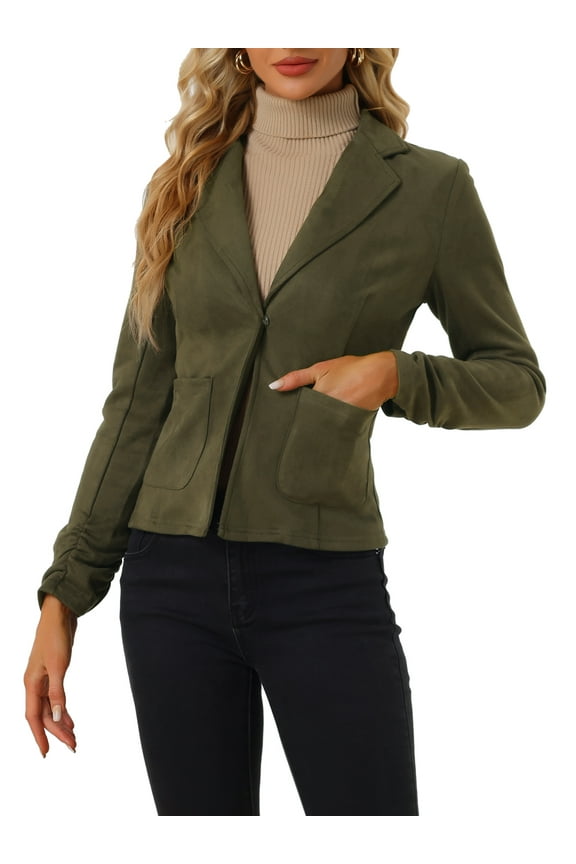 Women's Faux Suede Button up Casual Open Front Drawstring Long Sleeve Blazer M Olive Green