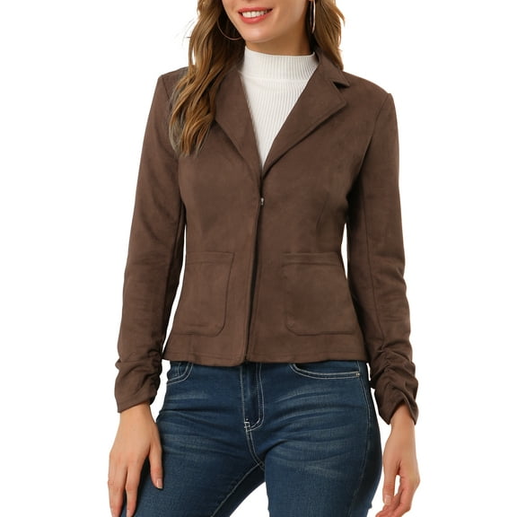 INSPIRE CHIC Women's Faux Suede Button up Casual Open Front Drawstring Long Sleeve Blazer S Brown