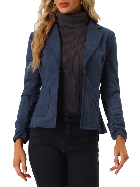 Women's Faux Suede Blazer Long Sleeve Lapel Work Office Jacket for Casual and Formal Wear XL Dark Blue