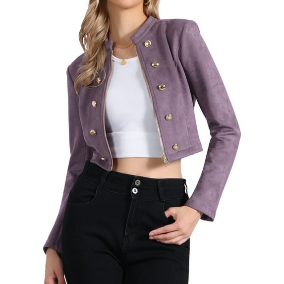 INSPIRE CHIC Women's Faux Suede Cropped Jacket Double Breasted Stand Collar Zip Up Long Sleeve Coat M Purple
