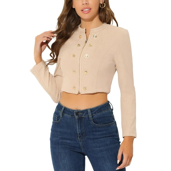 INSPIRE CHIC Women's Faux Suede Cropped Jacket Double Breasted Stand Collar Zip Up Long Sleeve Coat M Beige