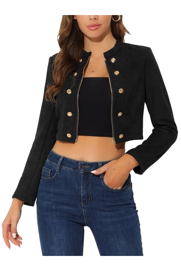 Women's Faux Suede Cropped Jacket Double Breasted Stand Collar Zip Up Long Sleeve Coat L Black