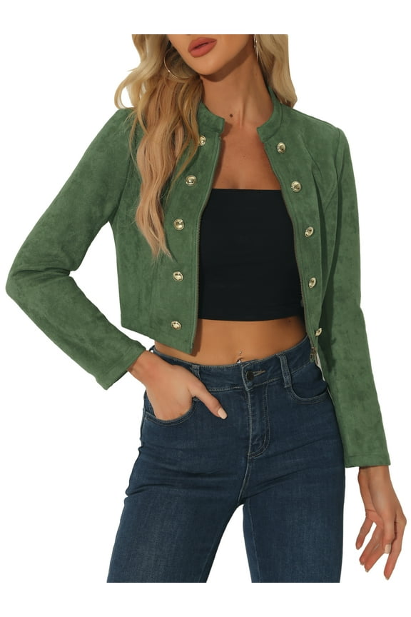Women's Faux Suede Cropped Jacket Double Breasted Stand Collar Zip Up Long Sleeve Coat XL Green