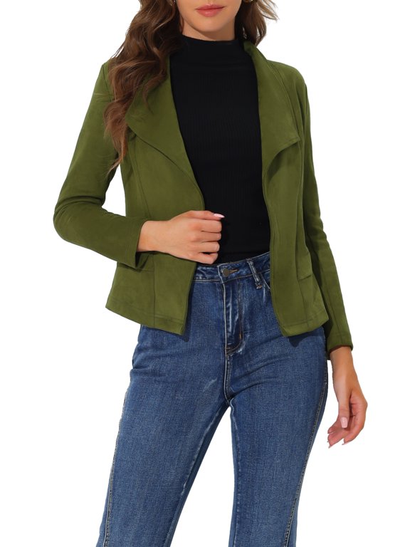 Women's Faux Suede Drape Blazer Collar Long Sleeves Open Front Jacket S Army Green