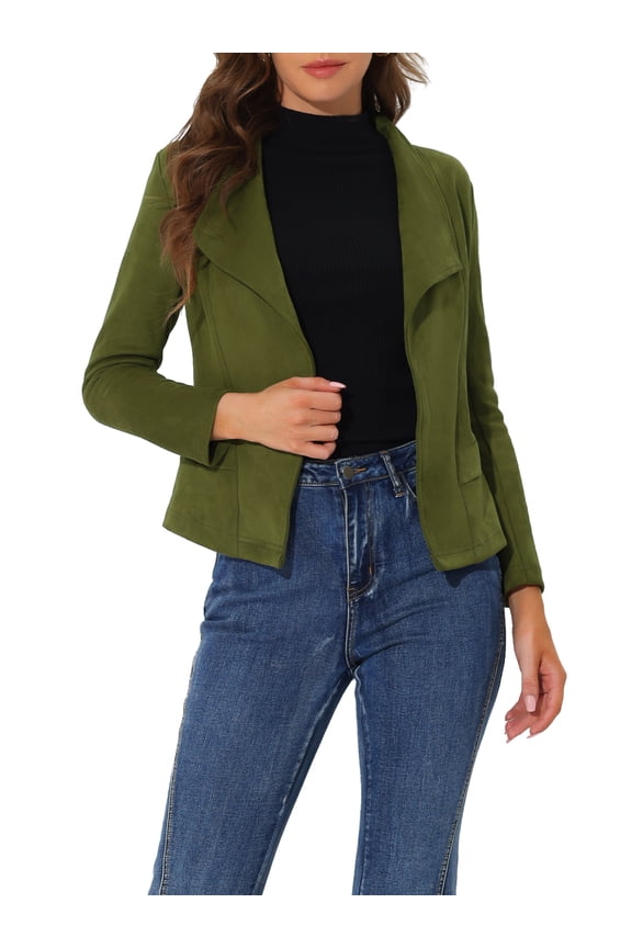 Women's Faux Suede Drape Blazer Collar Long Sleeves Open Front Jacket XS Army Green