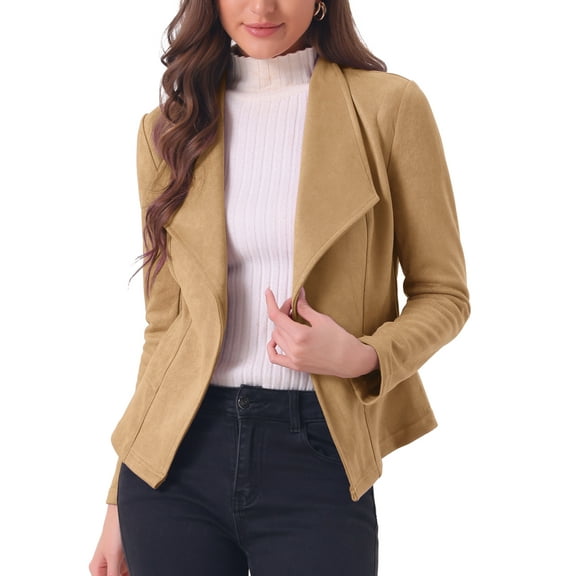 INSPIRE CHIC Women's Faux Suede Drape Blazer Collar Long Sleeves Open Front Jacket XS Khaki