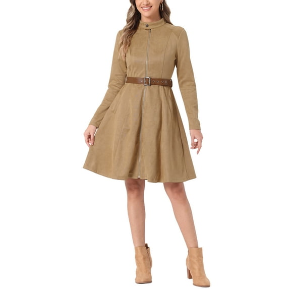 INSPIRE CHIC Women's Faux Suede Dress Stand Collar Zip Up Belted Vintage Dresses XS Khaki