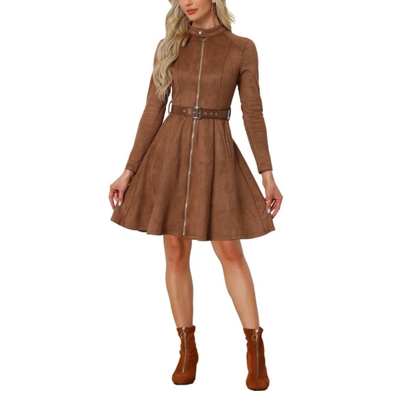 INSPIRE CHIC Women's Faux Suede Dress Stand Collar Zip Up Belted Vintage Dresses XL Dark Brown