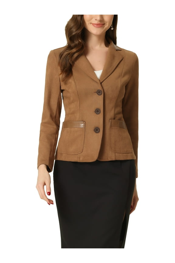 Women's Faux Suede Blazer Long Sleeve Lapel Collar Button Jacket S Light Brown