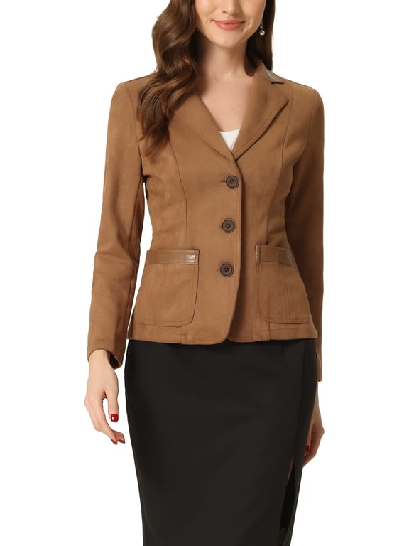 Women's Halloween Faux Suede Blazer Long Sleeve Lapel Collar Button Jacket M Light Brown