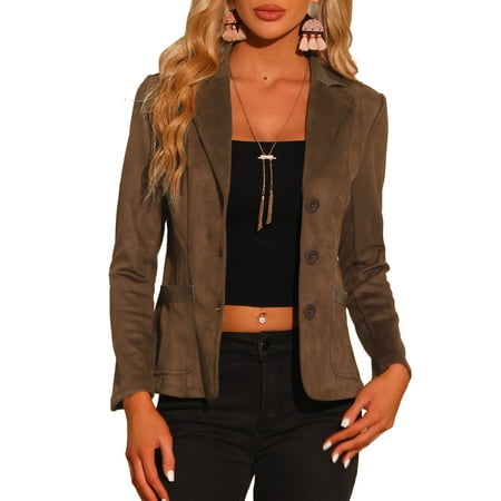 INSPIRE CHIC Women's Faux Suede Blazer Long Sleeve Lapel Collar Button Jacket XS Brown