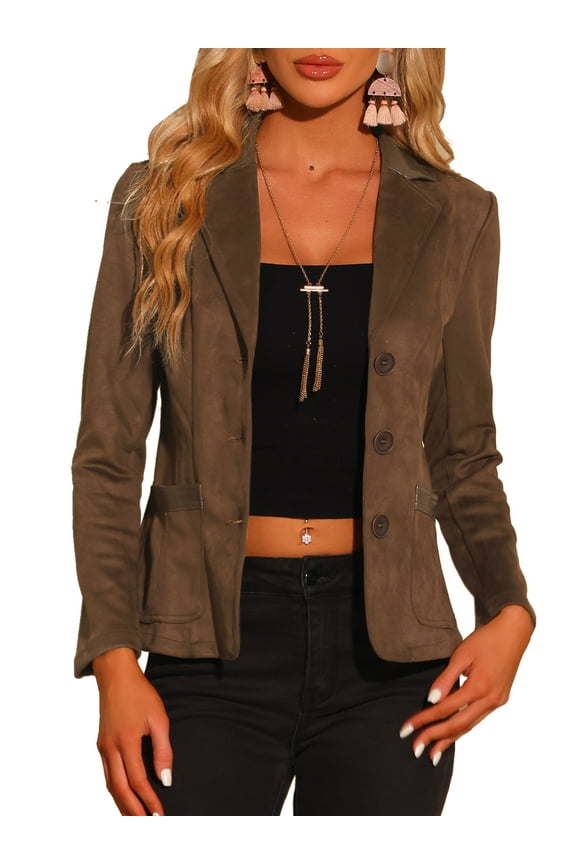 Women's Faux Suede Blazer Long Sleeve Lapel Collar Button Jacket XS Brown