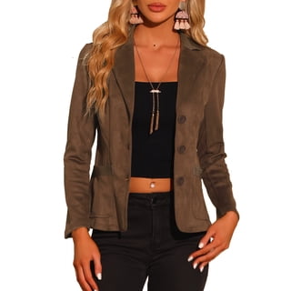 INSPIRE CHIC Women's Faux Suede Blazer Long Sleeve Lapel Collar Button Jacket M Brown