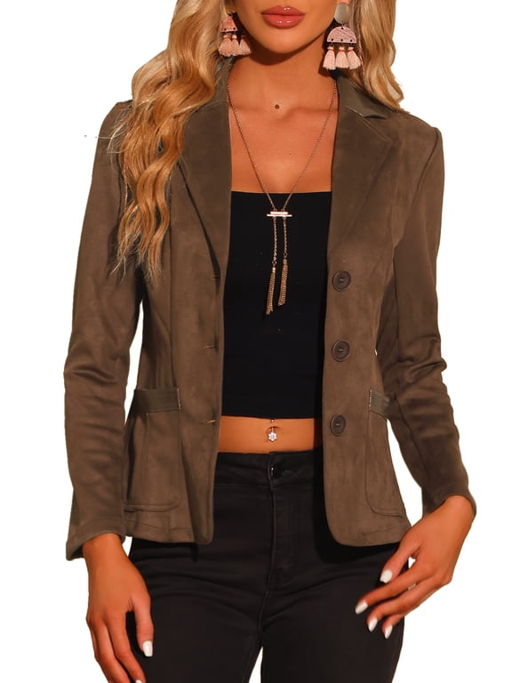Women's Halloween Faux Suede Blazer Long Sleeve Lapel Collar Button Jacket M Brown
