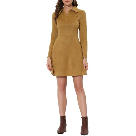 INSPIRE CHIC Women's Faux Suede Lapel Neck Long Sleeve A-Line Dress XL Khaki