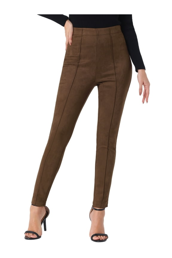 Women's Faux Suede Leggings High Waisted Stretch Slim Pants M Coffee