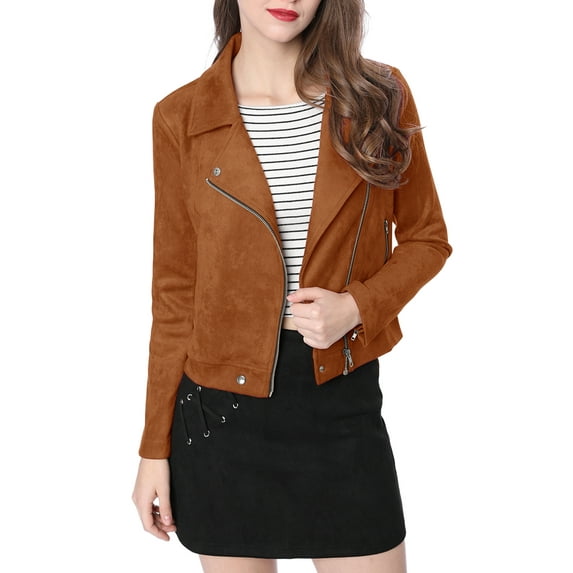 INSPIRE CHIC Women's Motorcycle Jacket Faux Suede Solid Color Asymmetric Zipper Jacket L Brown