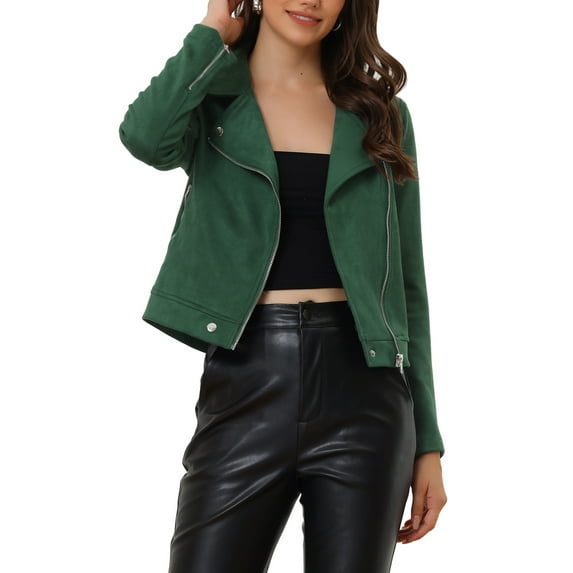 INSPIRE CHIC Women's Motorcycle Jacket Faux Suede Solid Color Asymmetric Zipper Jacket L Dark Green