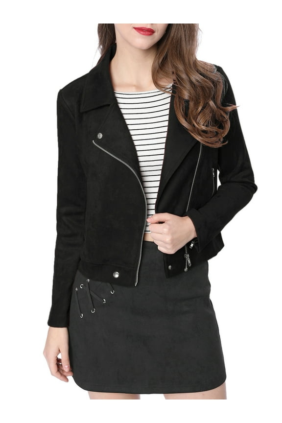 Women's Motorcycle Jacket Faux Suede Solid Color Asymmetric Zipper Jacket M Black
