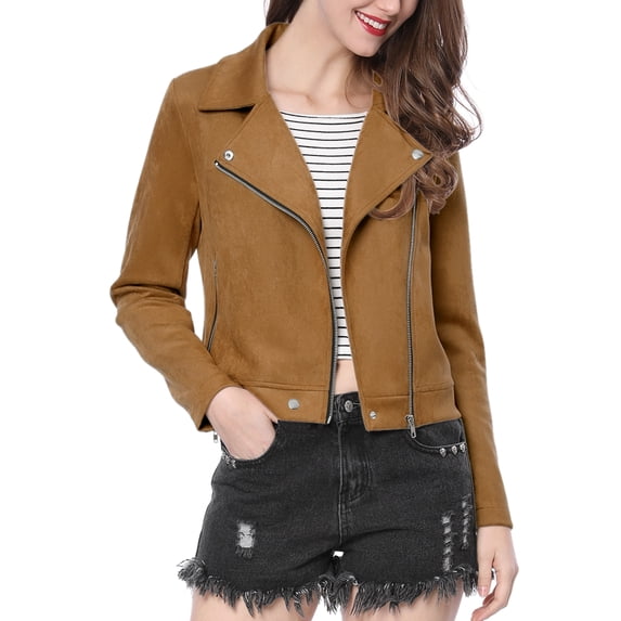 INSPIRE CHIC Women's Motorcycle Jacket Faux Suede Solid Color Asymmetric Zipper Jacket M Khaki