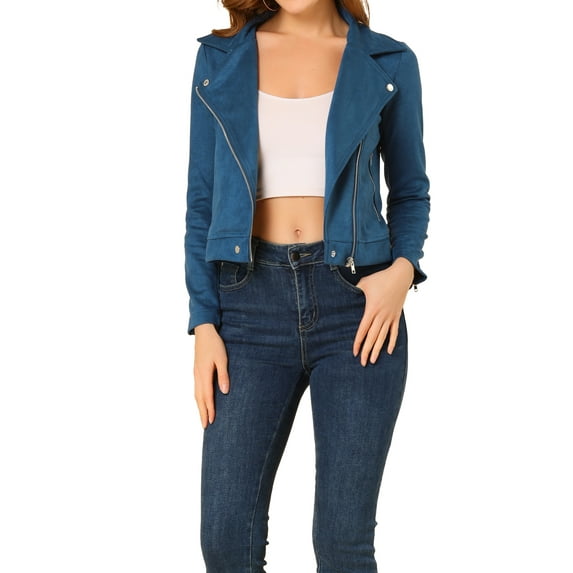 INSPIRE CHIC Women's Motorcycle Jacket Faux Suede Solid Color Asymmetric Zipper Jacket M Royal Blue