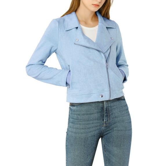 INSPIRE CHIC Women's Motorcycle Jacket Faux Suede Solid Color Asymmetric Zipper Jacket S Light Blue