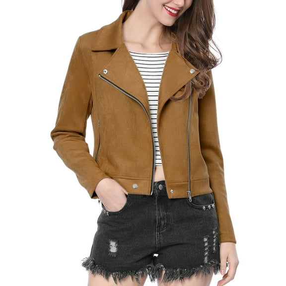 INSPIRE CHIC Women's Motorcycle Jacket Faux Suede Solid Color Asymmetric Zipper Jacket XL Khaki