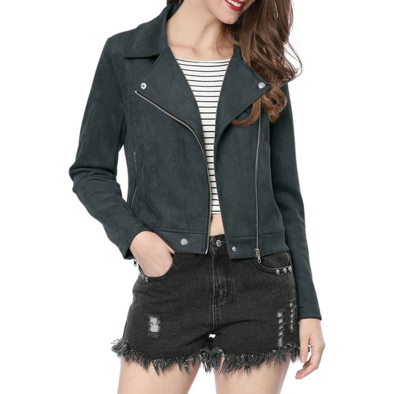INSPIRE CHIC Women's Motorcycle Jacket Faux Suede Solid Color Asymmetric Zipper Jacket XS Dark Blue