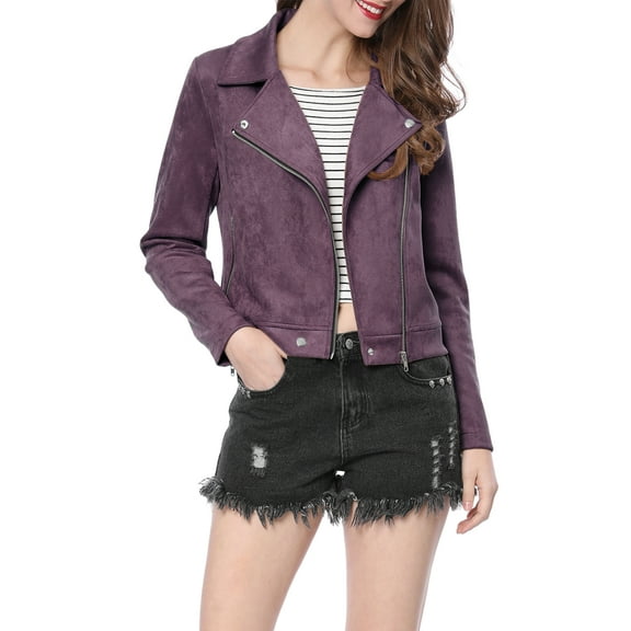 INSPIRE CHIC Women's Motorcycle Jacket Faux Suede Solid Color Asymmetric Zipper Jacket XS Dark Purple