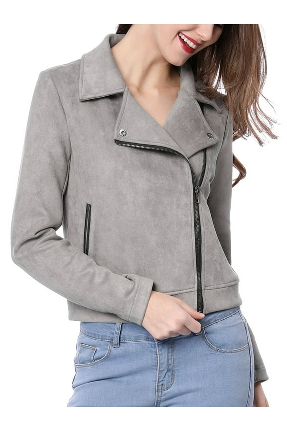Women's Motorcycle Jacket Faux Suede Solid Color Asymmetric Zipper Jacket XS Gray