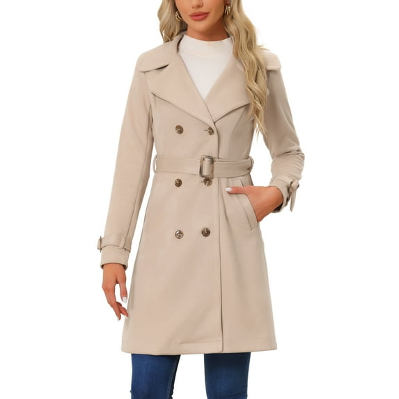 INSPIRE CHIC Women's Faux Suede Notched Lapel Strap Cuff Solid Double Breasted Tie Belt Trench Coats L Apricot Pink