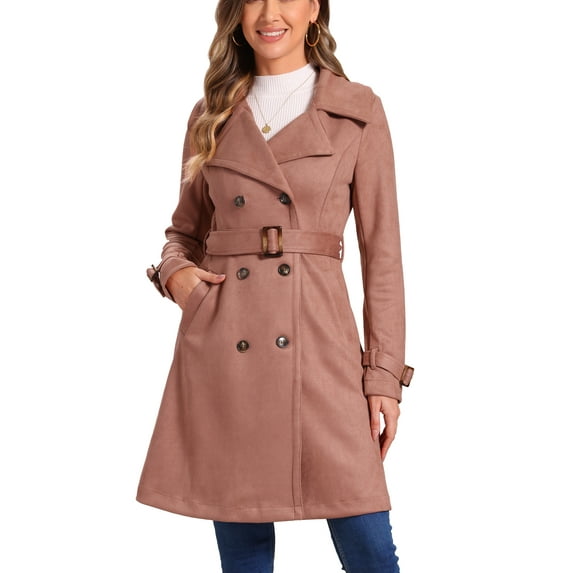 INSPIRE CHIC Women's Faux Suede Notched Lapel Strap Cuff Solid Double Breasted Tie Belt Trench Coats L Dark Pink