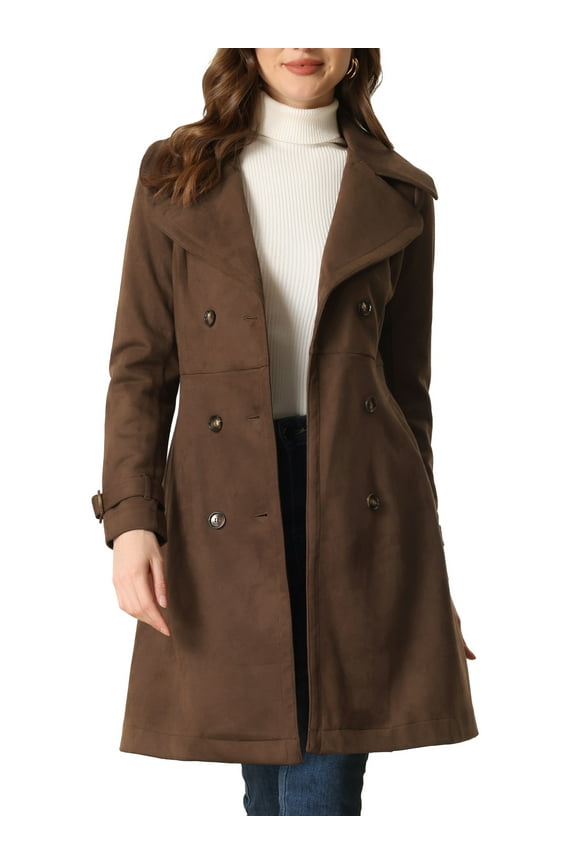 Women's Faux Suede Notched Lapel Strap Cuff Solid Double Breasted Tie Belt Trench Coats M Coffee