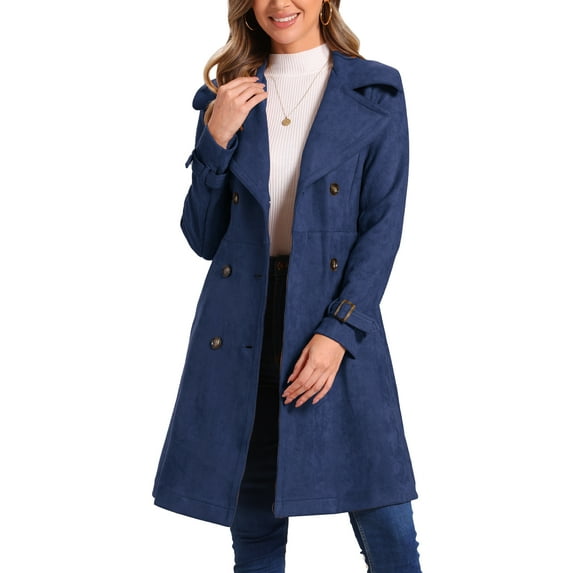 INSPIRE CHIC Women's Faux Suede Notched Lapel Strap Cuff Solid Double Breasted Tie Belt Trench Coats S Dark Blue