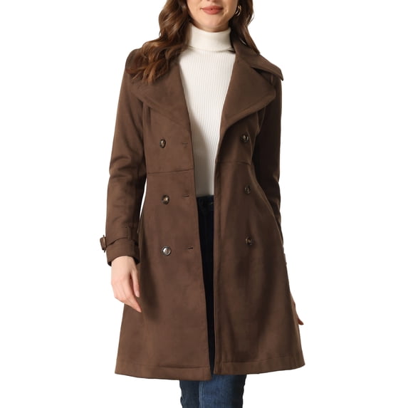 INSPIRE CHIC Women's Faux Suede Notched Lapel Strap Cuff Solid Double Breasted Tie Belt Trench Coats XL Coffee