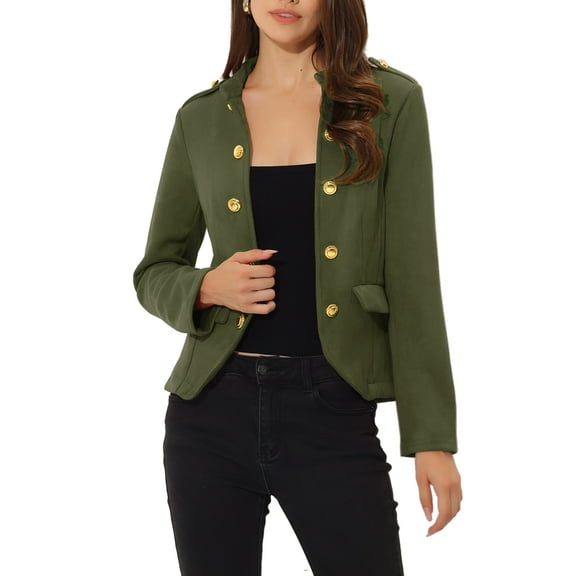 INSPIRE CHIC Women's Faux Suede Open Front Long Sleeve Button Decor Steampunk Jacket M Green