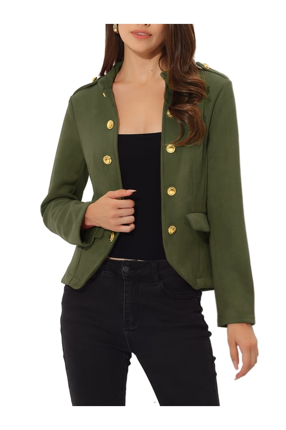 Women's Faux Suede Open Front Long Sleeve Button Decor Steampunk Jacket S Green