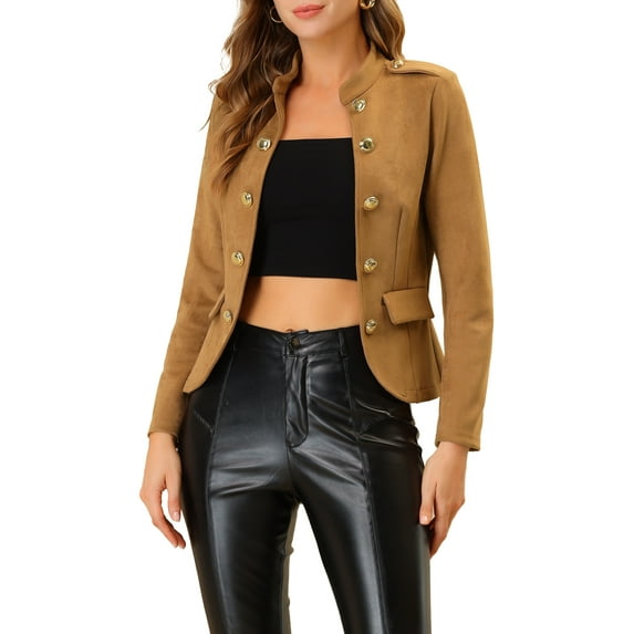 INSPIRE CHIC Women's Faux Suede Open Front Long Sleeve Button Decor Steampunk Jacket XS Brown