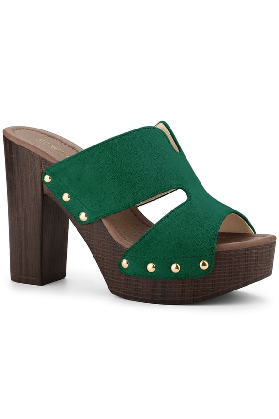 Women's Faux Suede Platform High Block Heel Slides Sandals Green 7