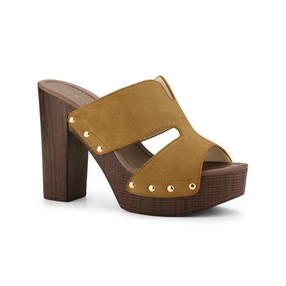 BLISSFUL STEP Women's Faux Suede Platform High Block Heel Slides Sandals Brown 9.5